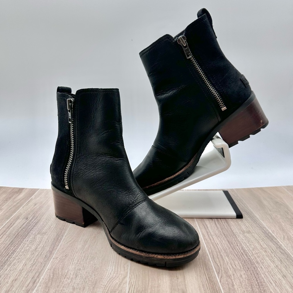 Sorel Cate Casual Side Zip Ankle Bootie Black Suede Leather | US 6.5 / EU 37.5